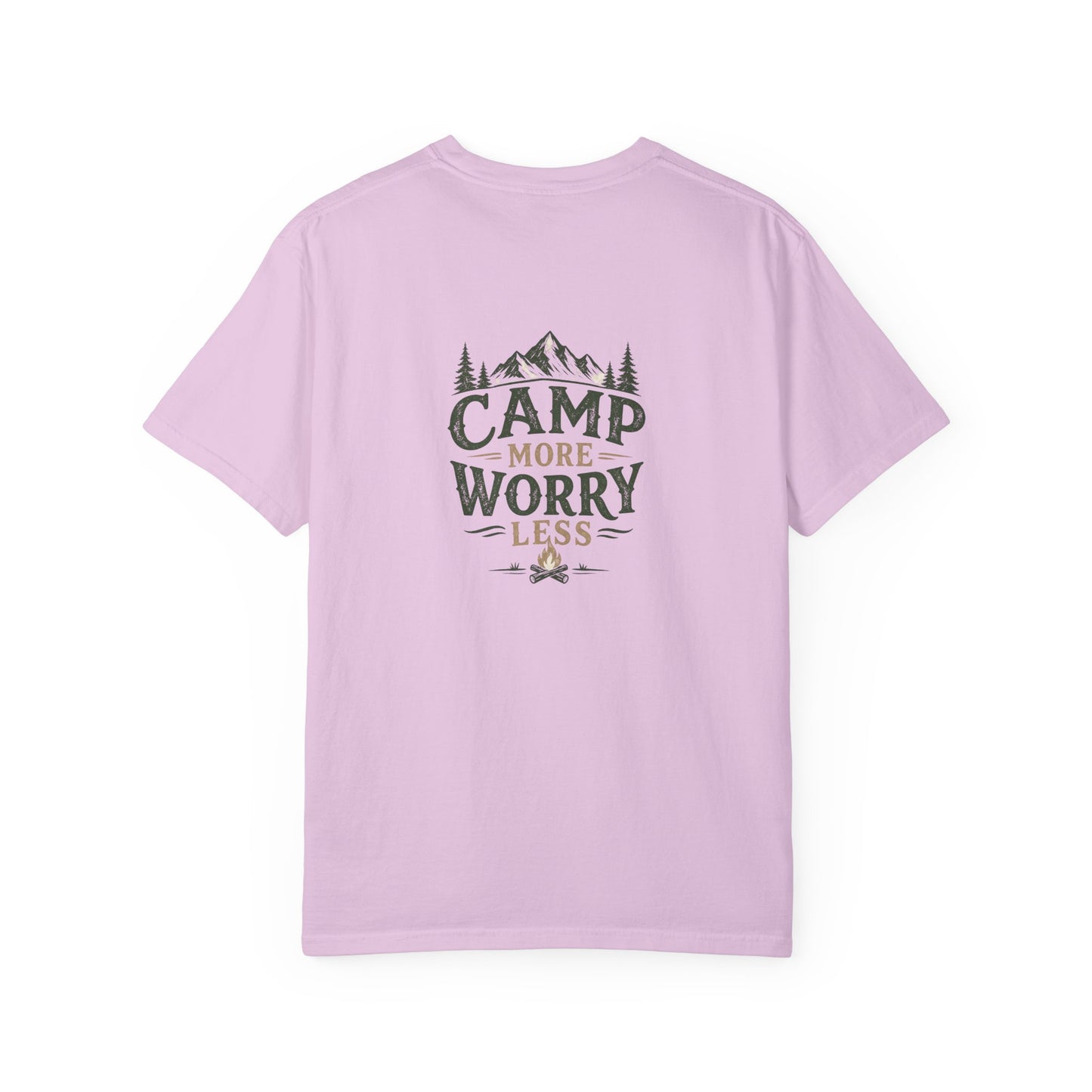 Camp More Worry Less T-shirt | Camping Mountains Pine Trees Design