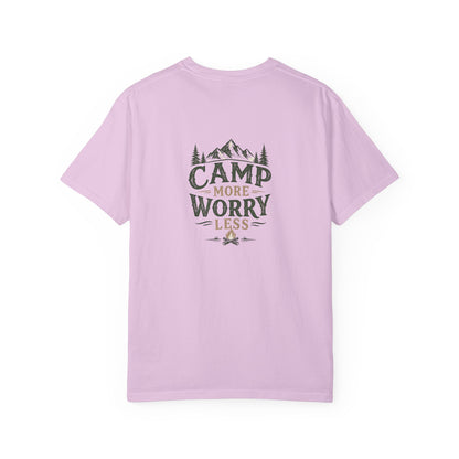 Camp More Worry Less T-shirt | Camping Mountains Pine Trees Design