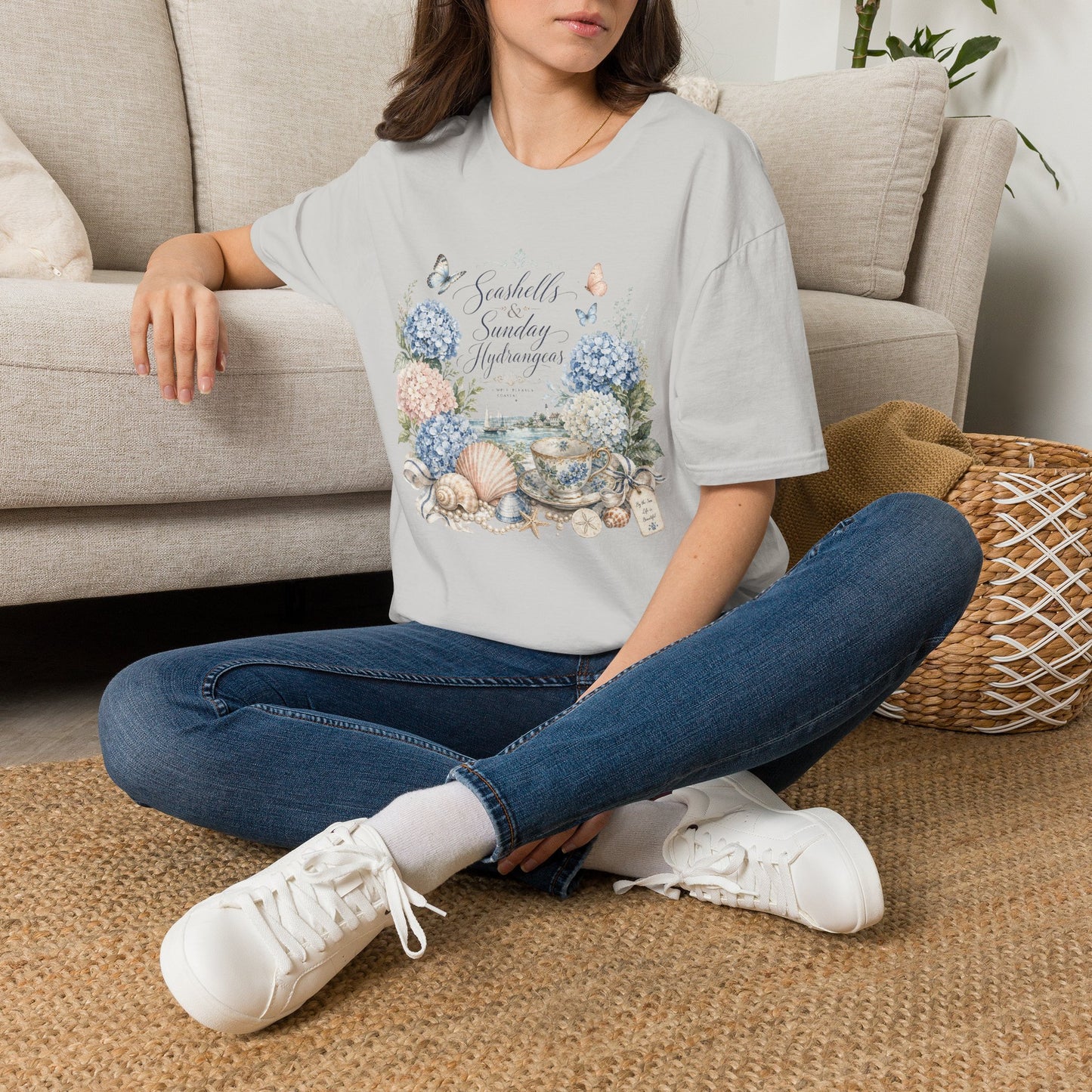 Seashells & Sunday Hydrangeas T-Shirt | Floral Coastal Cottage Shirt