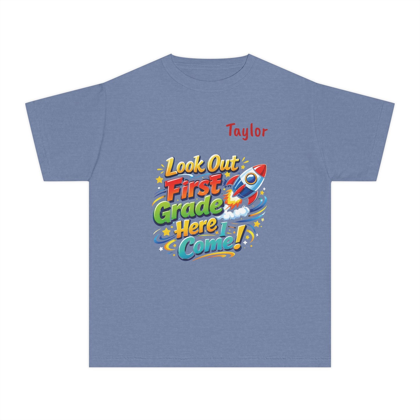First Grade Here I Come Youth Tee | Rocket Back to School Shirt