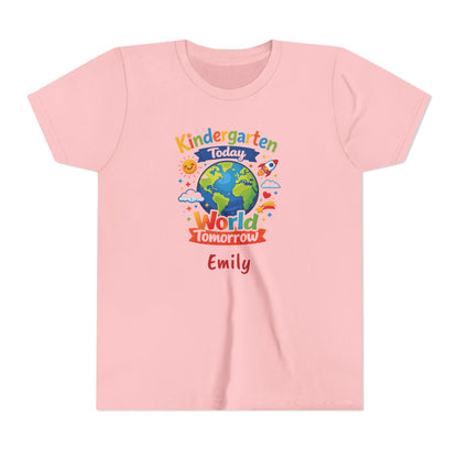 Kindergarten Today World Tomorrow Youth Tee | Personalized Kids Back to School Shirt