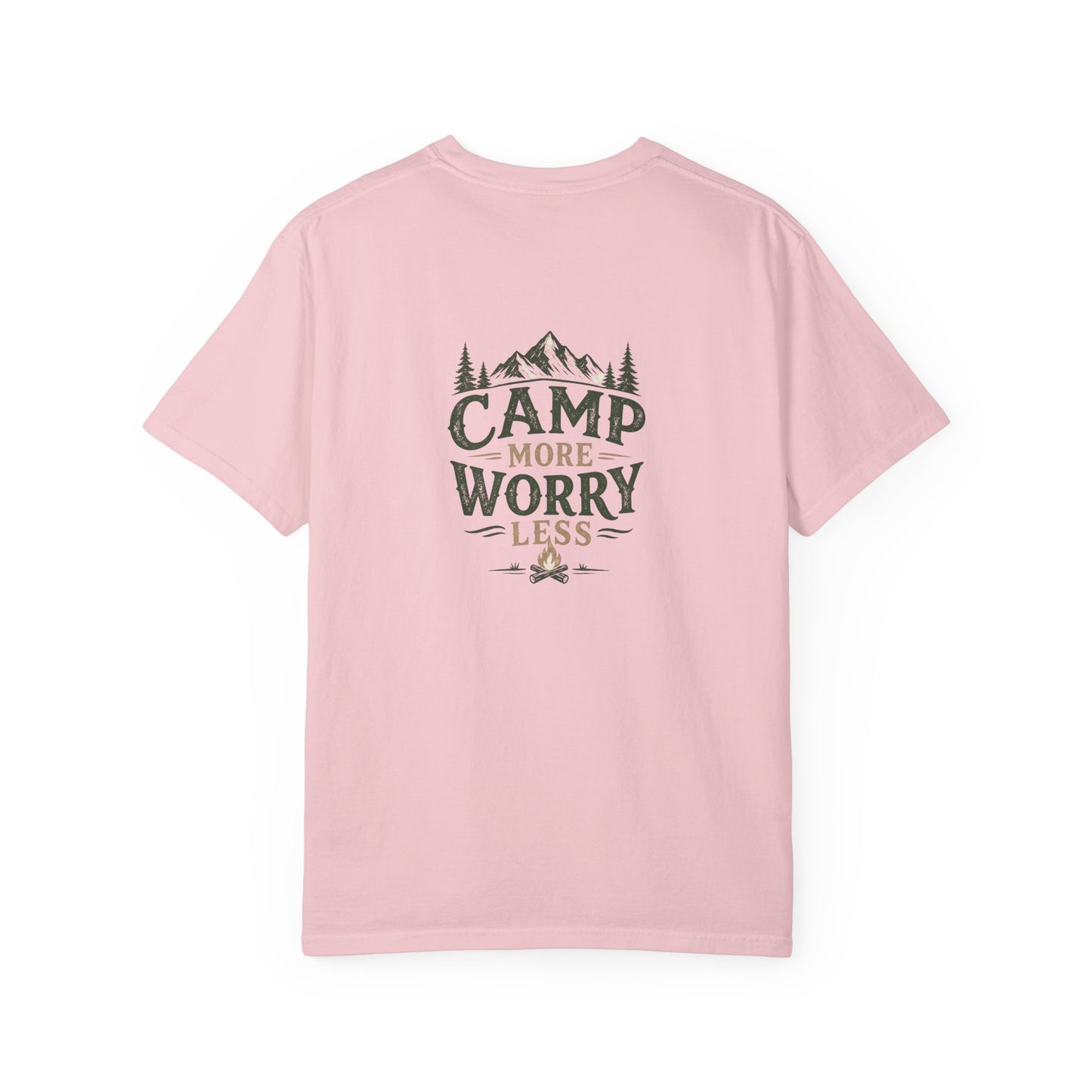 Camp More Worry Less T-shirt | Camping Mountains Pine Trees Design