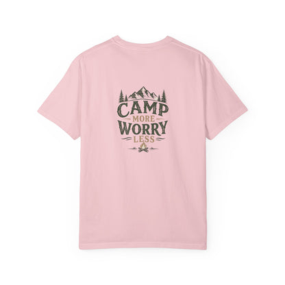 Camp More Worry Less T-shirt | Camping Mountains Pine Trees Design