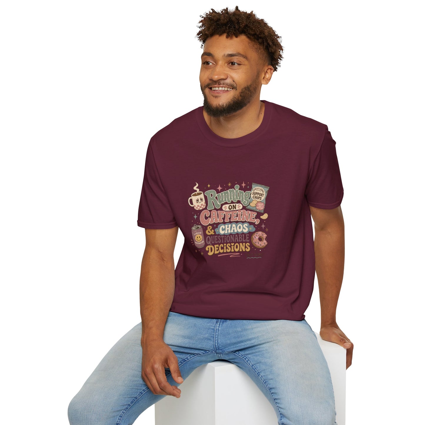 Running on Caffeine & Chaos T-Shirt | Coffee Mug Donut Illustration