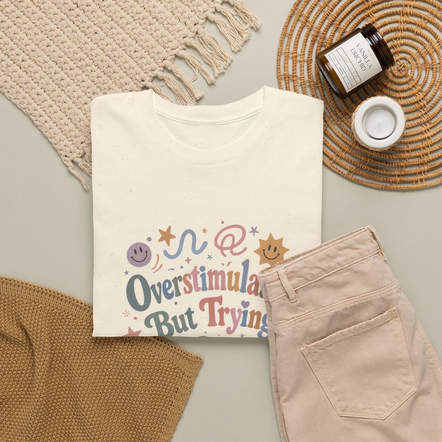 Overstimulated But Trying tee | Funny Mental Health Shirt, Cute Retro Doodles