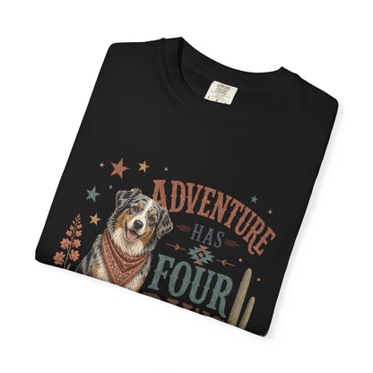 Adventure Has Four Paws T-Shirt | Australian Shepherd Design