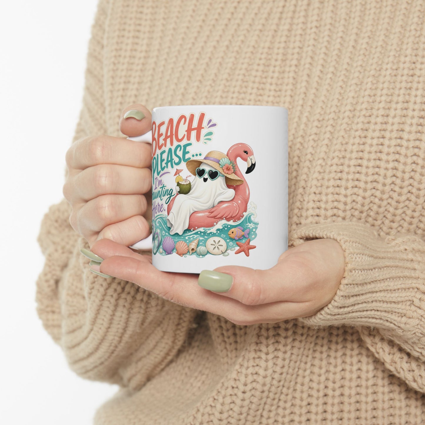 Beach Please Flamingo Mug | Tropical Seashell Vacation Coffee Cup
