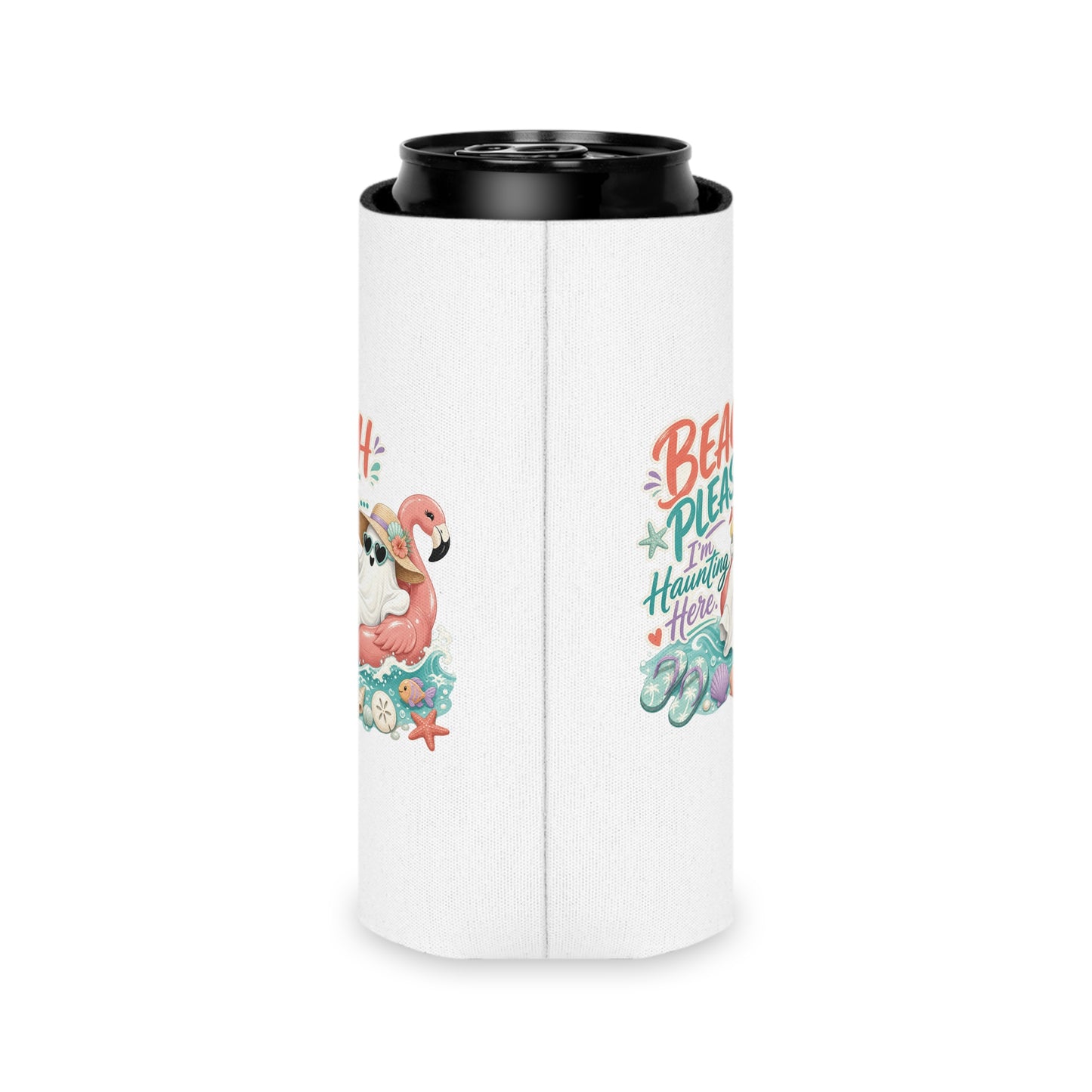 Beach Please Ghost Flamingo Can Cooler | Summer Beach Drink Sleeve
