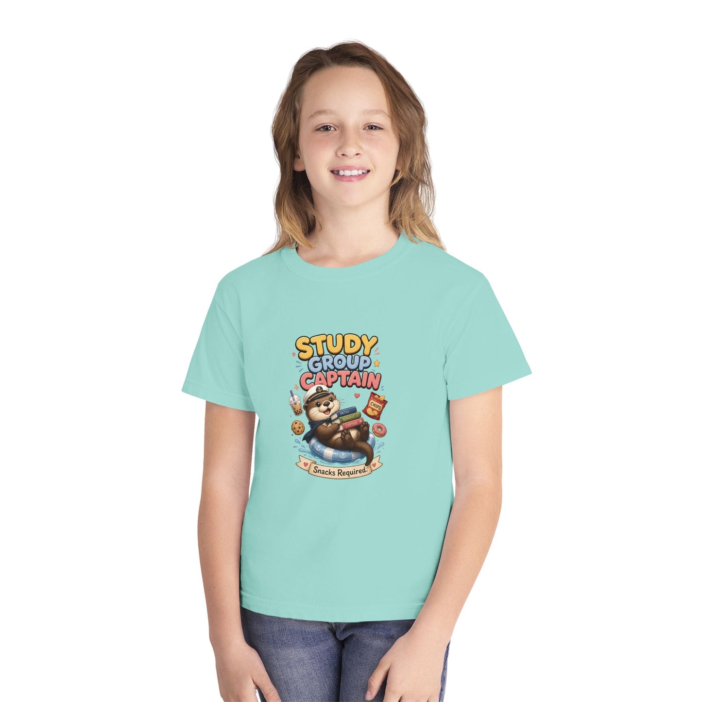 Study Group Captain Youth Tee | Sloth Studying Snacks Graphic