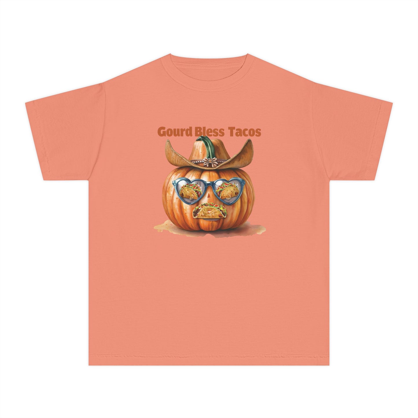 Whimsical Fall Youth Tee - Gourd Bless Tacos, Halloween Shirt, Kids Autumn Apparel, Thanksgiving Humor Top, Funny Seasonal Gift