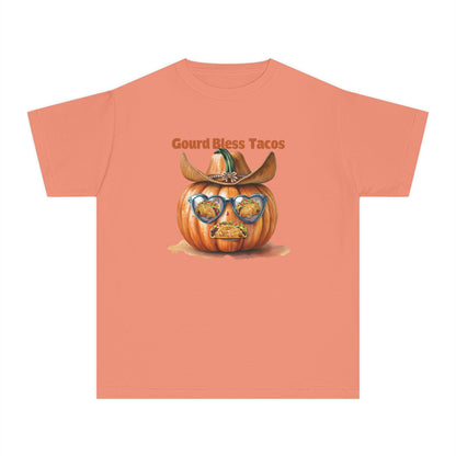 Whimsical Fall Youth Tee - Gourd Bless Tacos, Halloween Shirt, Kids Autumn Apparel, Thanksgiving Humor Top, Funny Seasonal Gift