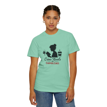 Crime Novels and Carpool Lines T-shirt | Reading Mom Silhouette, Coffee Graphic