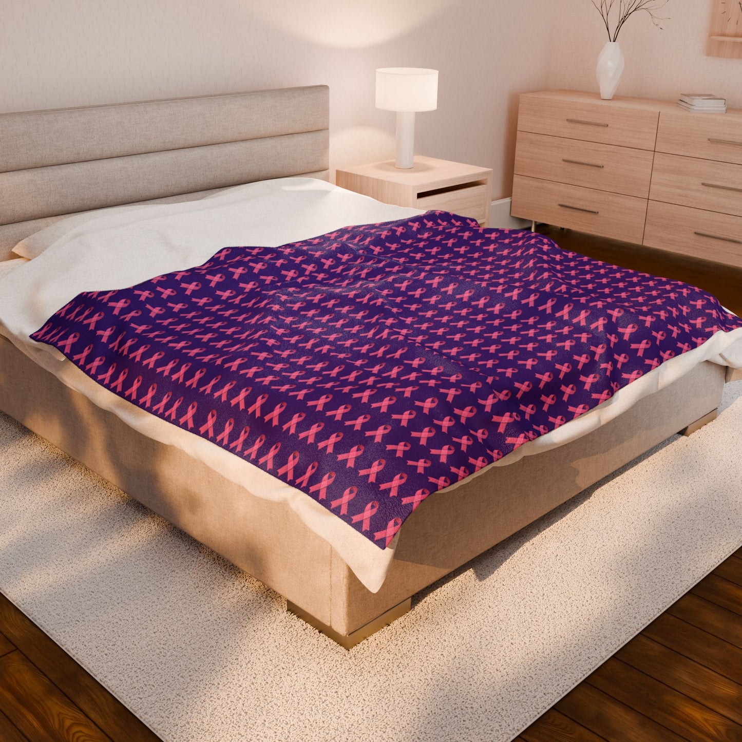 Soft Pink Ribbon Velveteen Blanket | Cozy Plush Throw for Breast Cancer Awareness, Comfort, Gift for Her, Home Decor, Cozy Snuggle, Purple