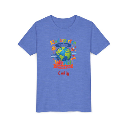 Kindergarten Today World Tomorrow Youth Tee | Personalized Kids Back to School Shirt