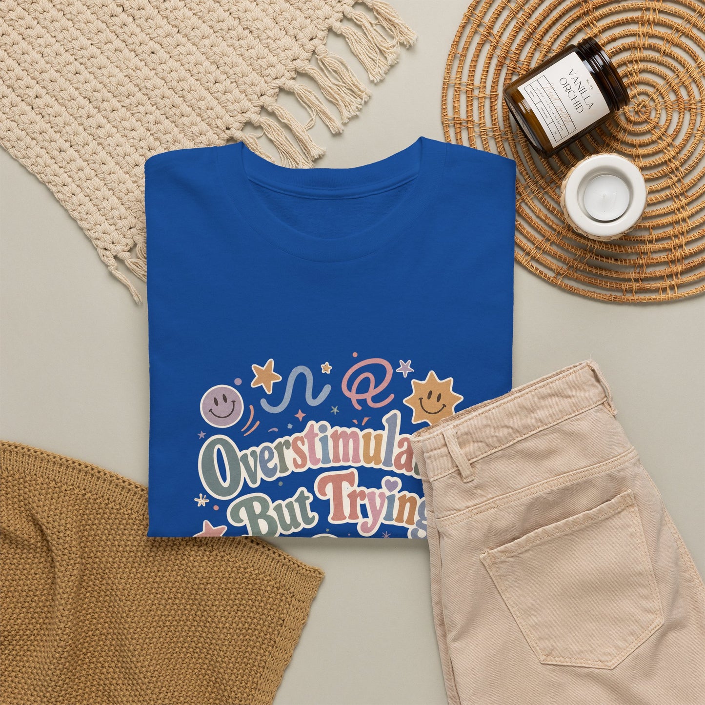 Overstimulated But Trying tee | Funny Mental Health Shirt, Cute Retro Doodles