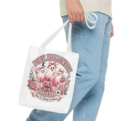 Breast Cancer Awareness Pink Halloween Club ghost trio tote bag | spooky floral pumpkin design