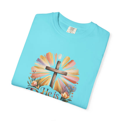 He Is Risen cross sunrise design T-Shirt | Easter faith floral