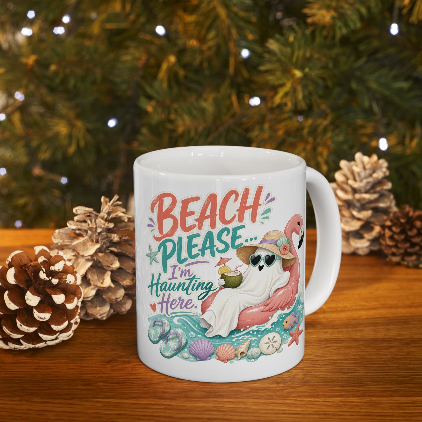 Beach Please Flamingo Mug | Tropical Seashell Vacation Coffee Cup