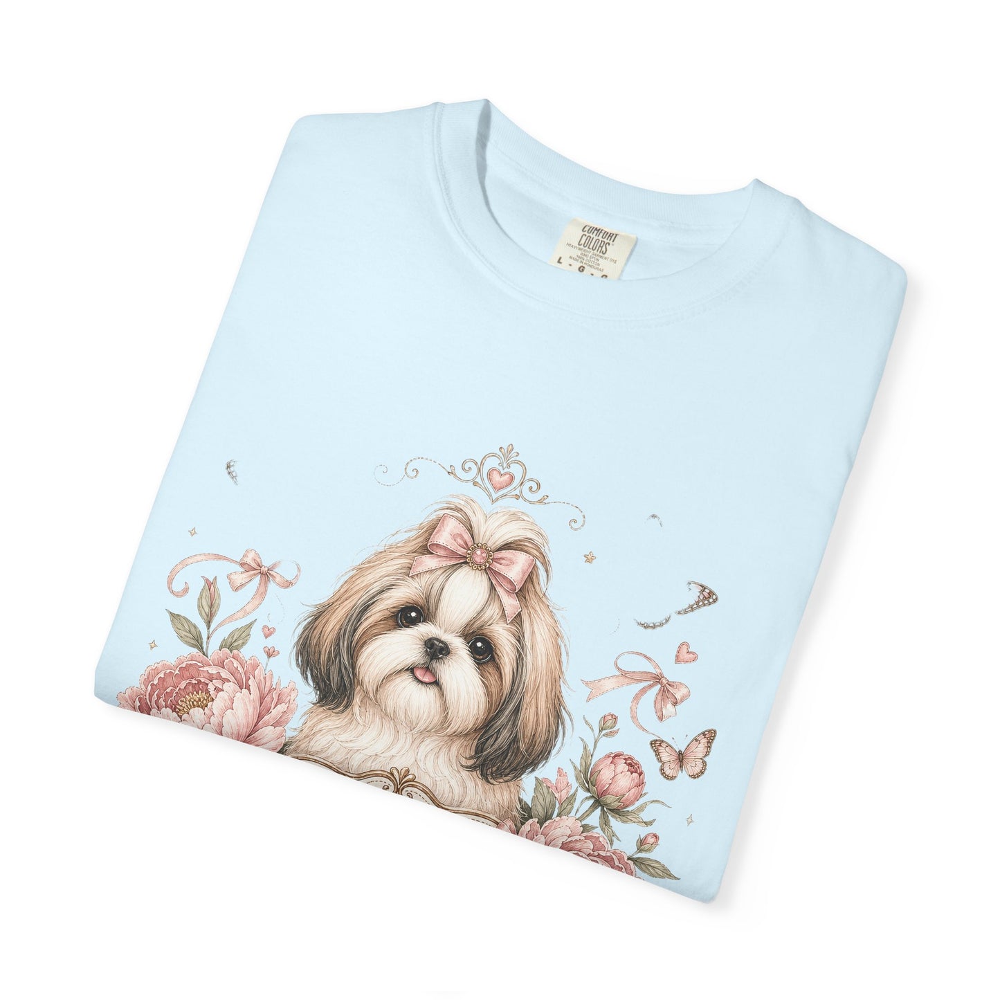 Shih Tzu Floral Portrait T-Shirt | Tiny Floof Illustration, Pink Roses