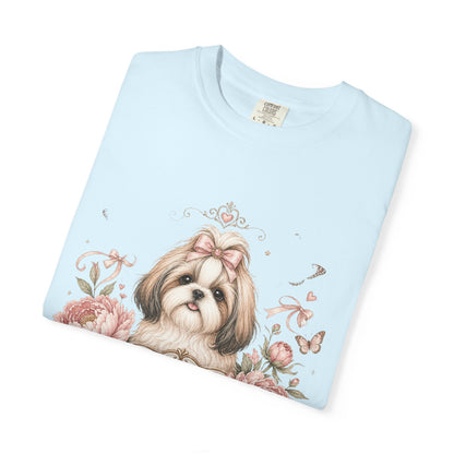 Shih Tzu Floral Portrait T-Shirt | Tiny Floof Illustration, Pink Roses