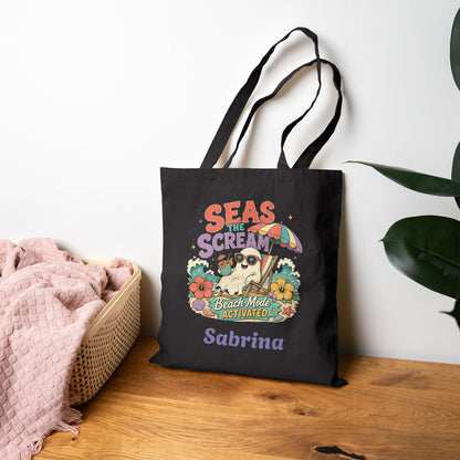 Seas the Scream beach pug illustration Tote Bag | personalized name option