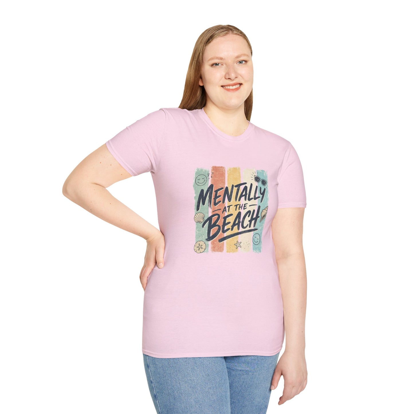 Mentally at the Beach T-Shirt | Retro Stripes, Sunglasses & Seashells