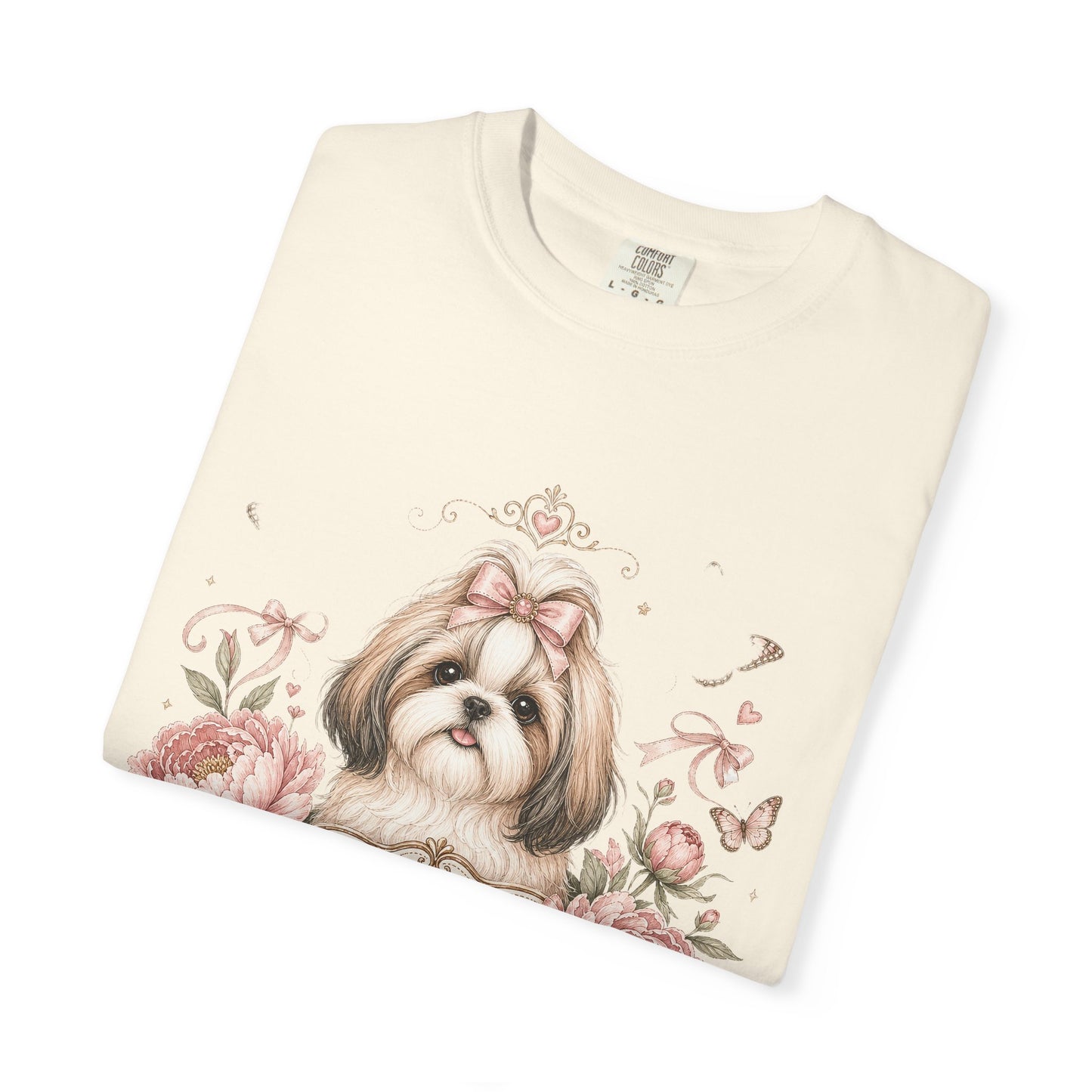 Shih Tzu Floral Portrait T-Shirt | Tiny Floof Illustration, Pink Roses