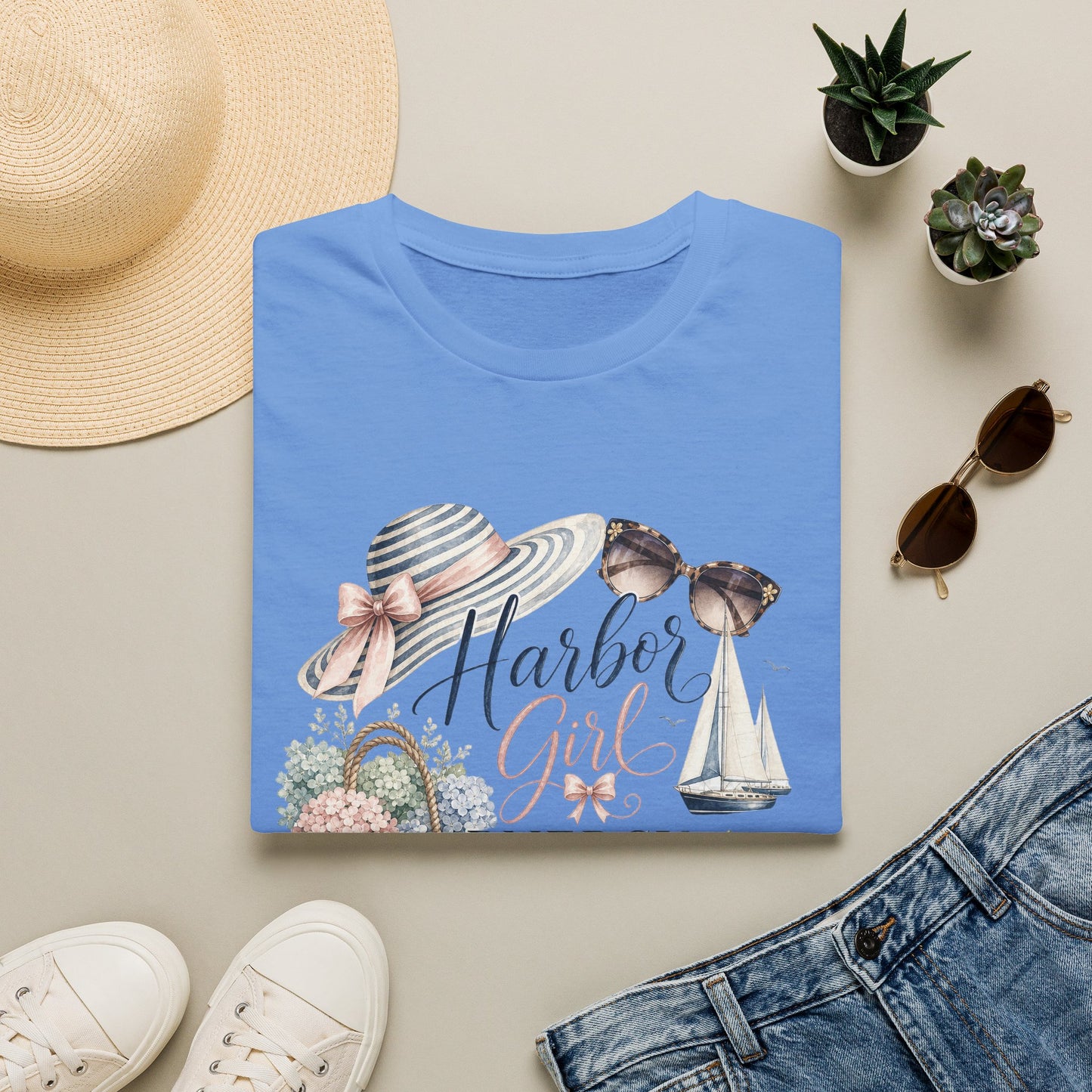 Harbor Girl illustration T-Shirt | Nautical hat, sailboat, seashells