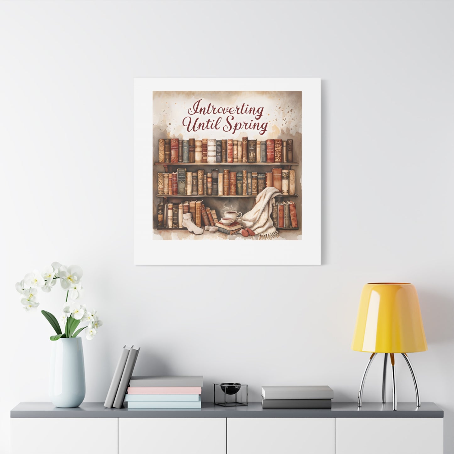 Cozy Wall Art, Introverting Until Spring Quote, Home Decor, Book Lover Gift, Spring Decor, Library Aesthetic