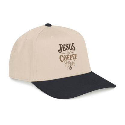 Jesus & Coffee First Mid Profile Baseball Cap | Christian Script Logo