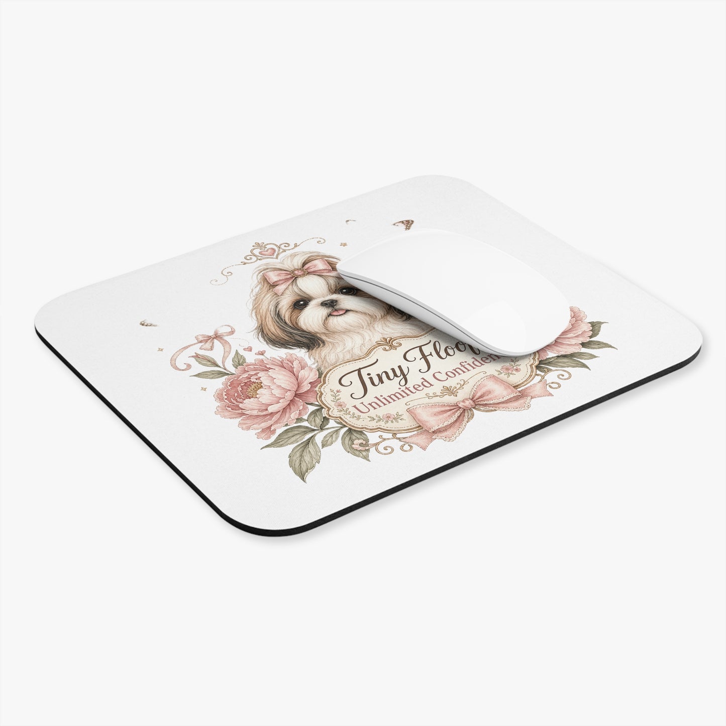 Shih Tzu Floral Illustration Mouse Pad | Tiny Floof Decorative Desk Mat