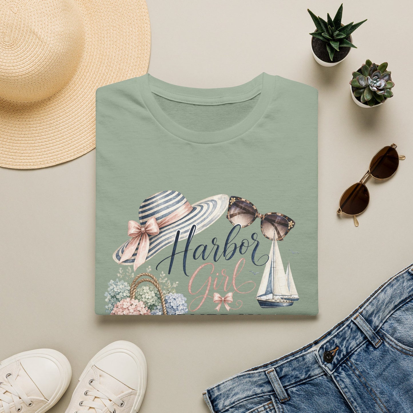 Harbor Girl illustration T-Shirt | Nautical hat, sailboat, seashells