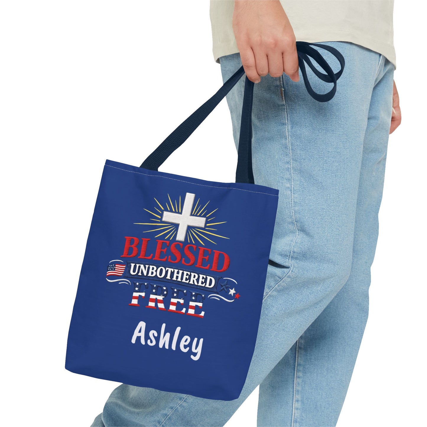 Blessed Unbothered Free Cross tote bag | patriotic faith design