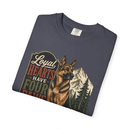 Loyal Hearts Have Four Paws German Shepherd T-shirt | Mountain Forest Dog Design