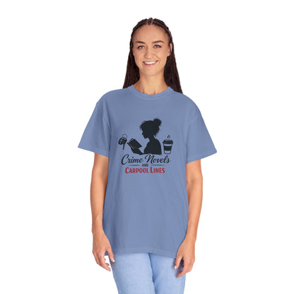 Crime Novels and Carpool Lines T-shirt | Reading Mom Silhouette, Coffee Graphic
