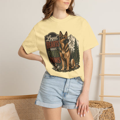 Loyal Hearts Have Four Paws German Shepherd T-shirt | Mountain Forest Dog Design