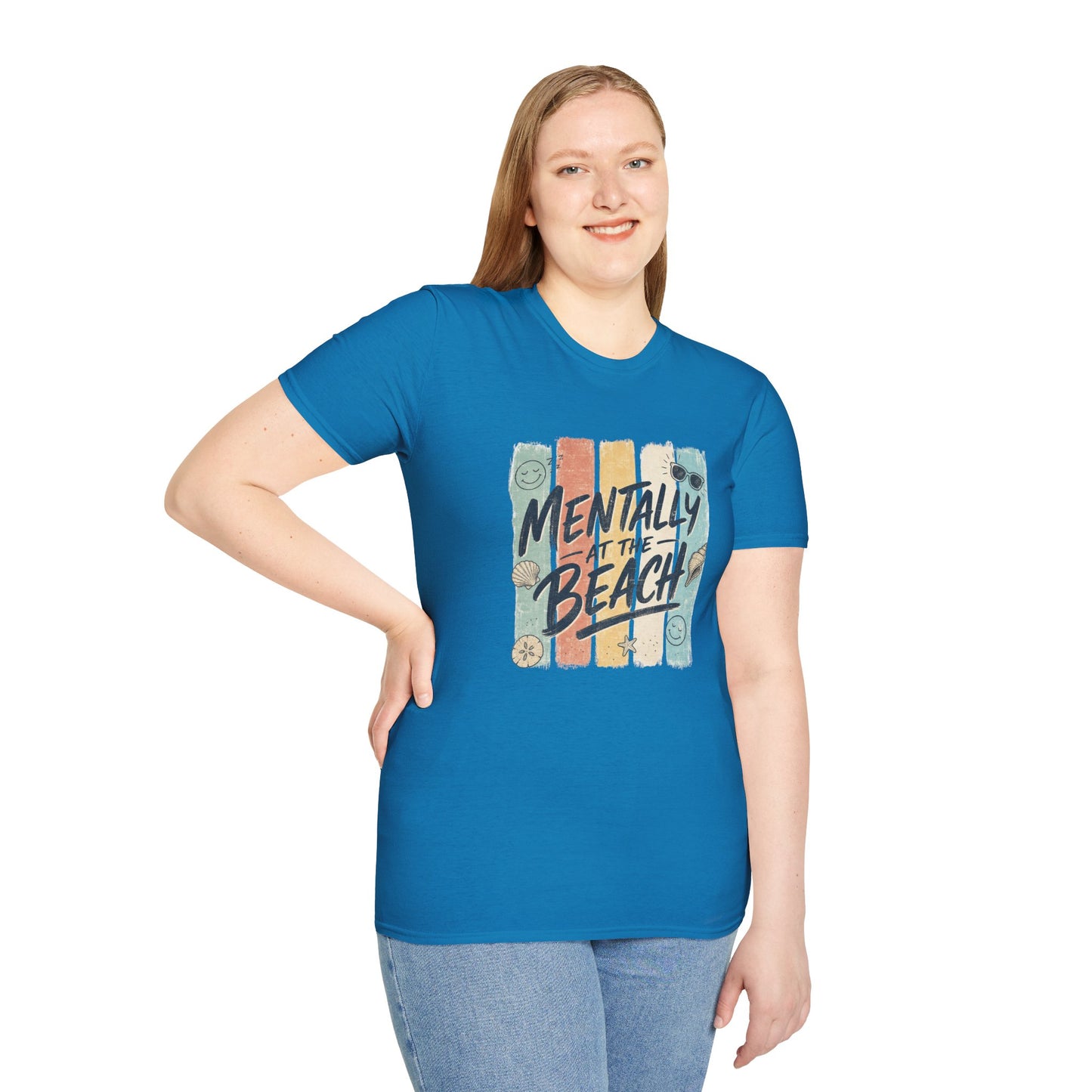 Mentally at the Beach T-Shirt | Retro Stripes, Sunglasses & Seashells