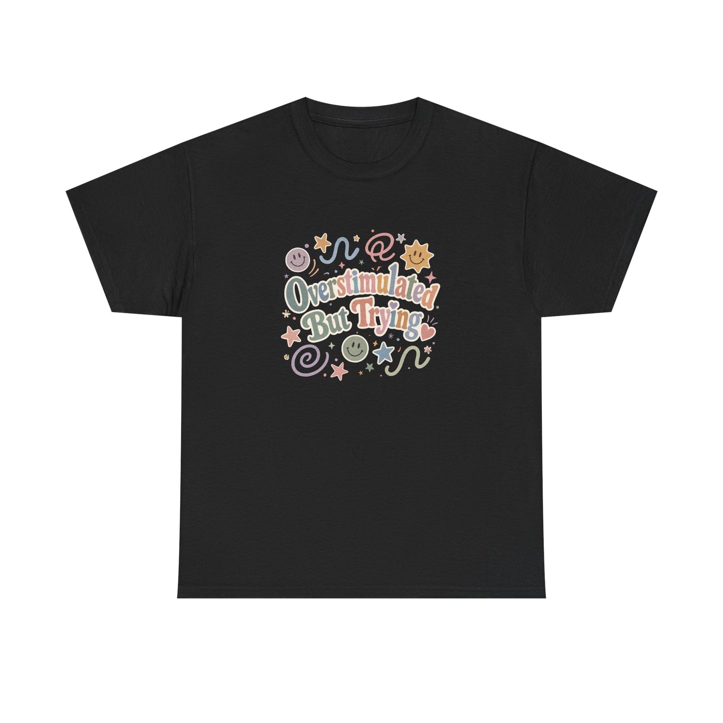 Overstimulated But Trying tee | Funny Mental Health Shirt, Cute Retro Doodles