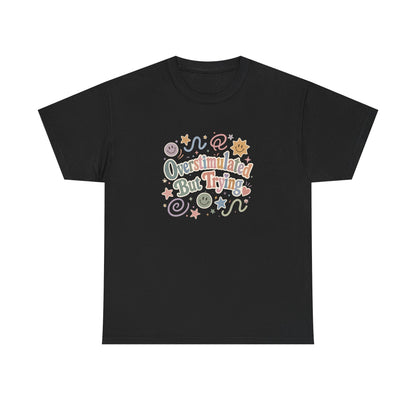 Overstimulated But Trying tee | Funny Mental Health Shirt, Cute Retro Doodles