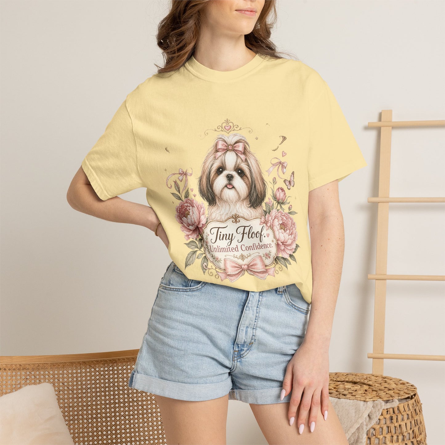 Shih Tzu Floral Portrait T-Shirt | Tiny Floof Illustration, Pink Roses