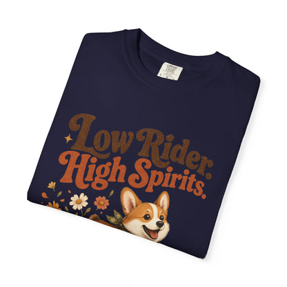 Low Rider High Spirits Corgi T-Shirt | Running Corgi Illustration, Autumn Leaves