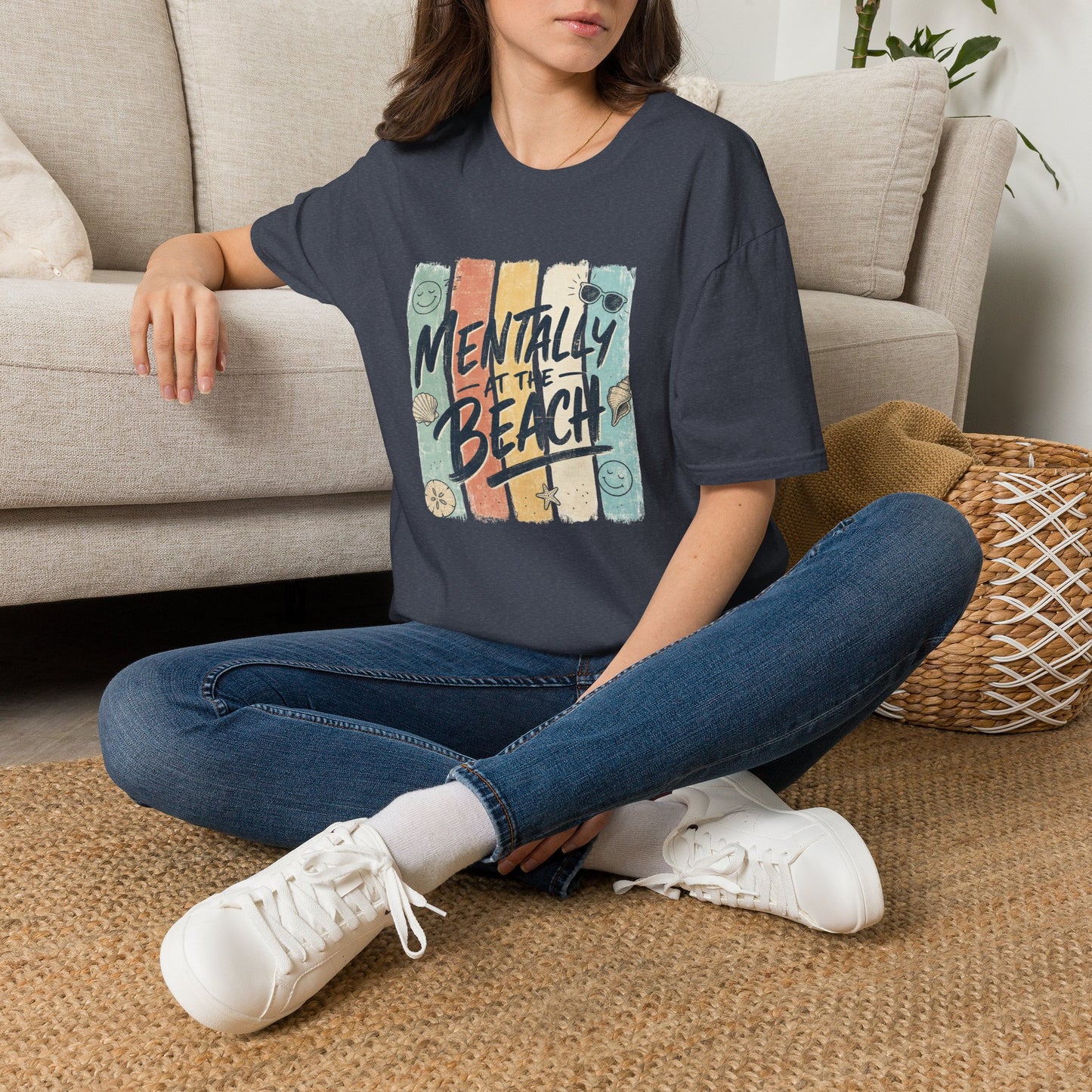 Mentally at the Beach T-Shirt | Retro Stripes, Sunglasses & Seashells