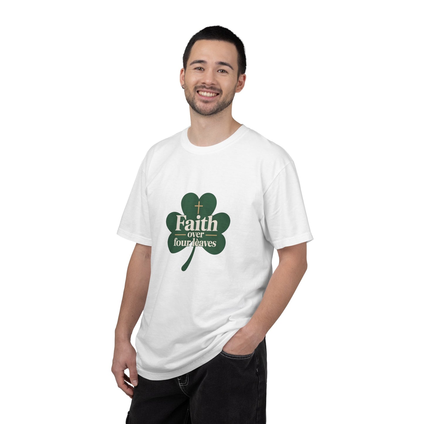 Faith Over Four Leaves T-shirt | Shamrock Christian Inspiration