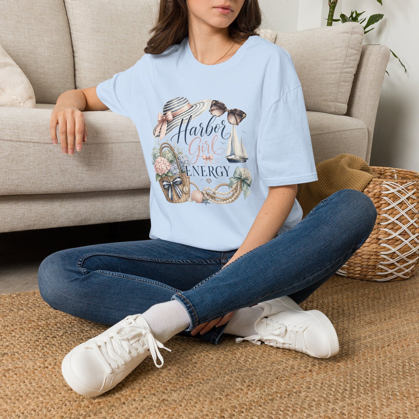 Harbor Girl illustration T-Shirt | Nautical hat, sailboat, seashells