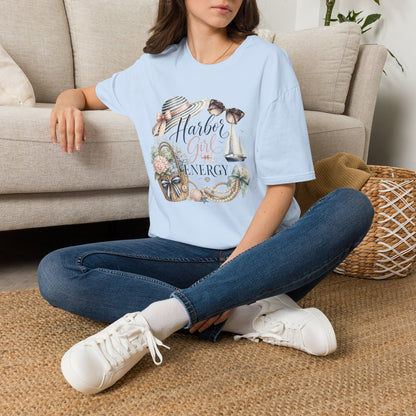 Harbor Girl illustration T-Shirt | Nautical hat, sailboat, seashells
