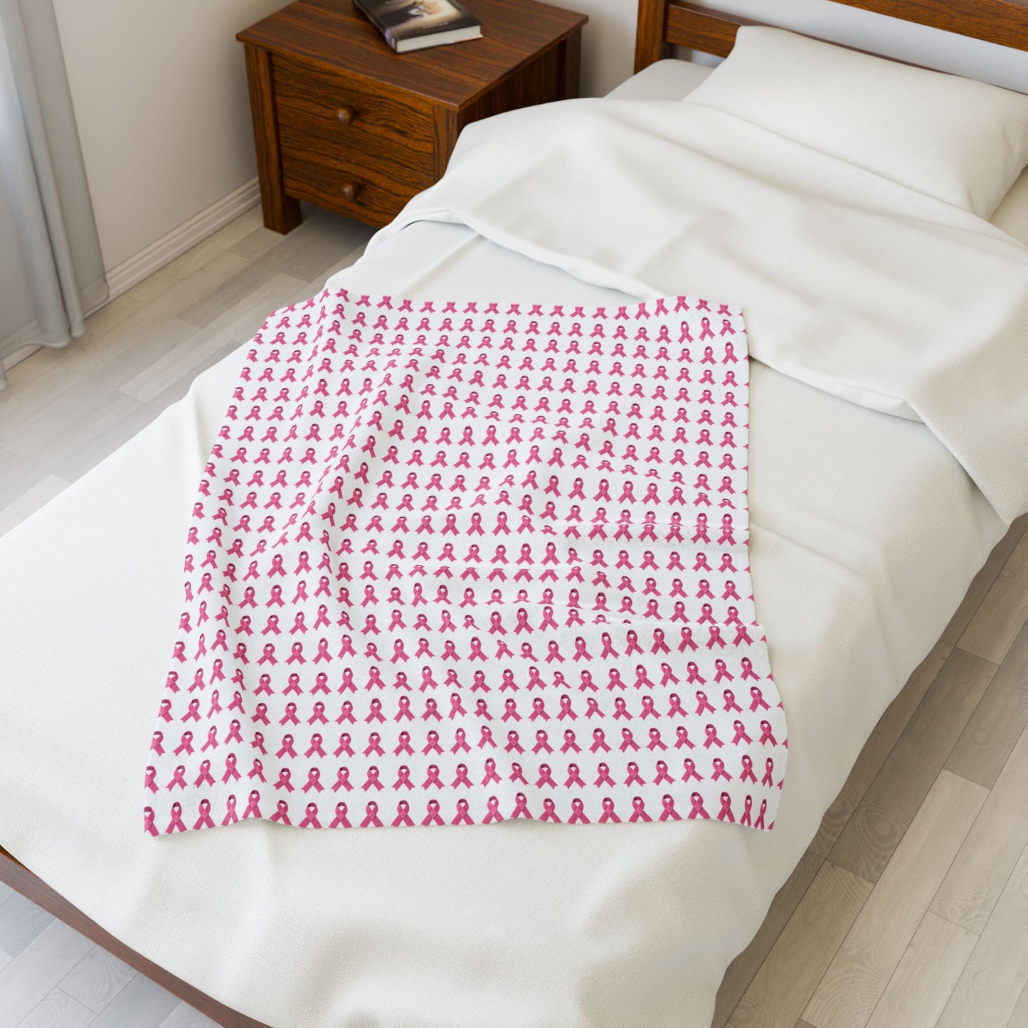 Soft Pink Ribbon Velveteen Blanket | Cozy Plush Throw for Breast Cancer Awareness, Comfort, Gift for Her, Home Decor, Cozy Snuggle, White