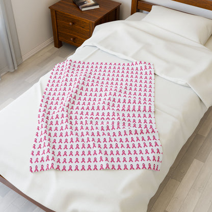Soft Pink Ribbon Velveteen Blanket | Cozy Plush Throw for Breast Cancer Awareness, Comfort, Gift for Her, Home Decor, Cozy Snuggle, White