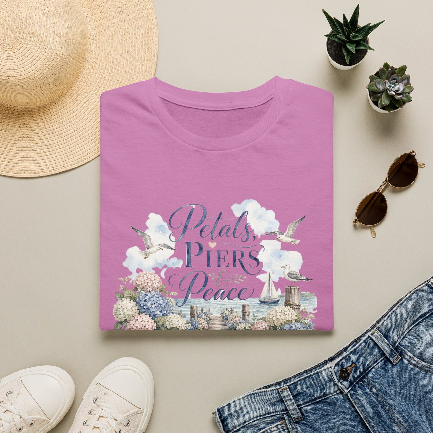 Petals Piers Peace T-Shirt | Coastal Lighthouse Floral Seagulls Design