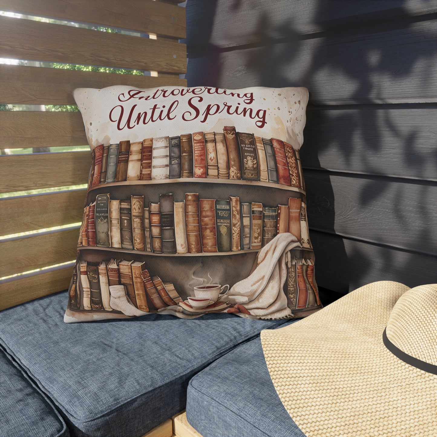 Introverting Until Spring Outdoor Pillow | Bookish Library Design, Cozy Reading Decor