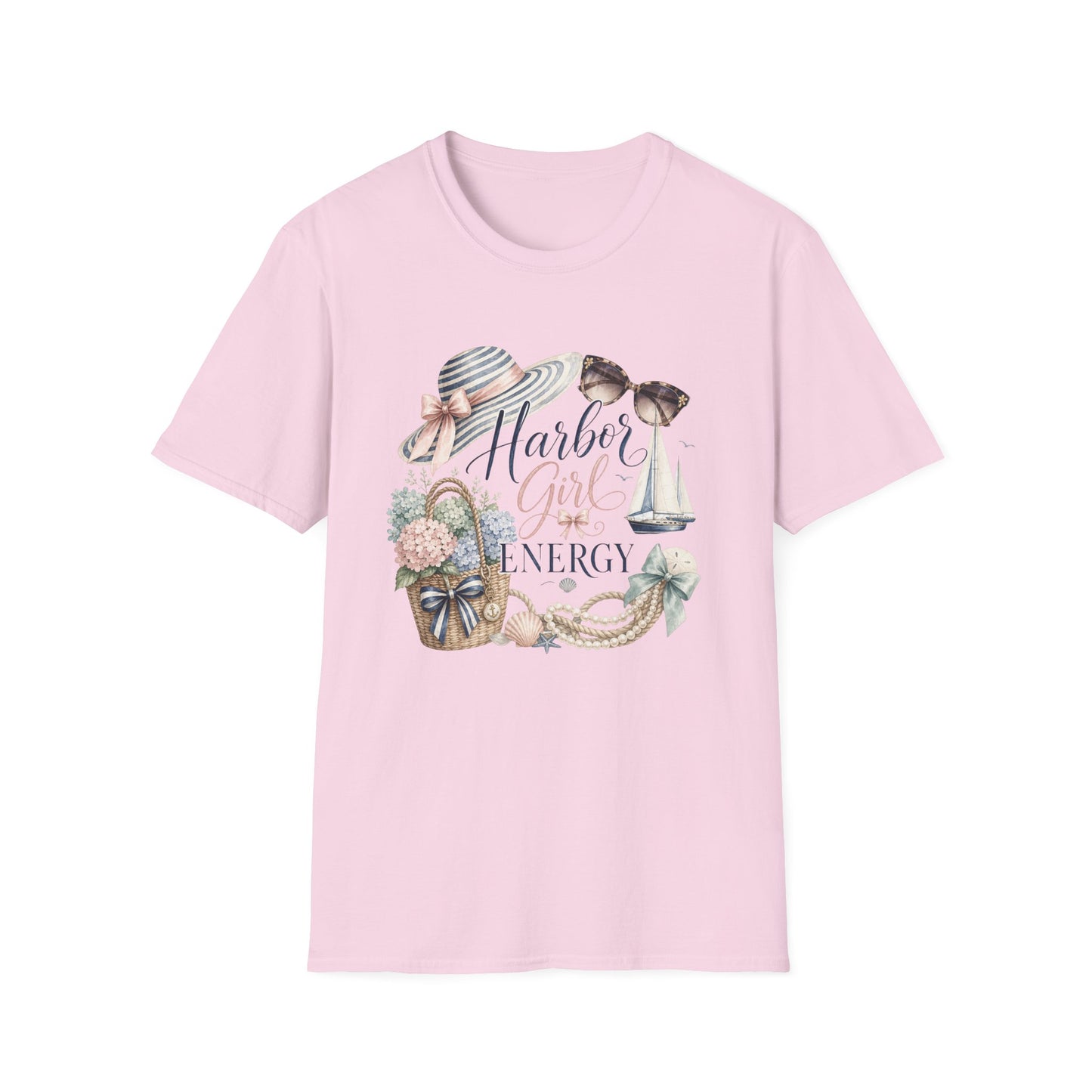 Harbor Girl illustration T-Shirt | Nautical hat, sailboat, seashells